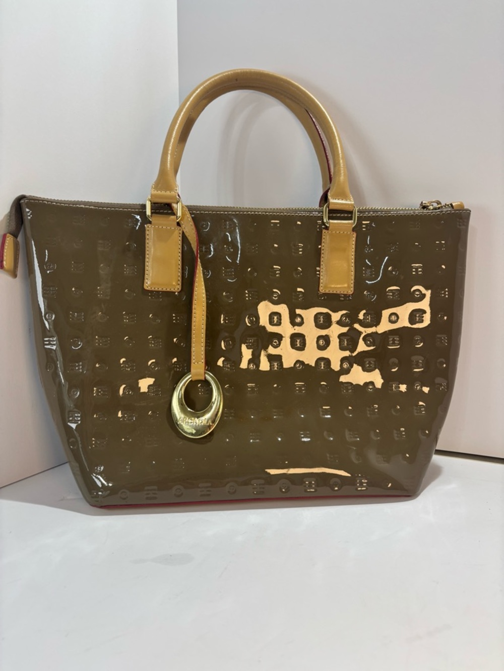 Arcadia Made in Italy Olive Patent Tote with Tan Handles and Gold Charm